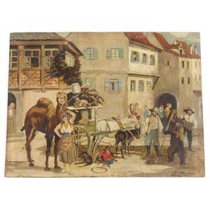 Antique 19C Orig Signed Painting on Wood German Stuhlmuller? Dancing Bear Monkey